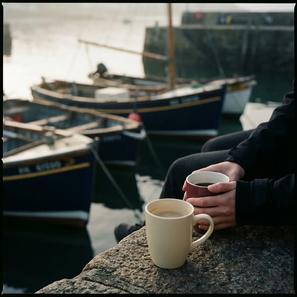 Twee koffiekopjes op een havenmuur